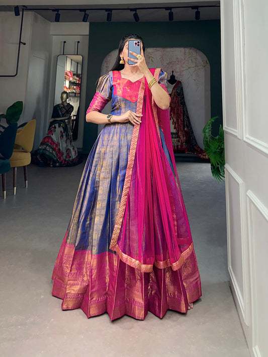 Blue Color Zari Weaving Work Kanjivaram South Collection Dress