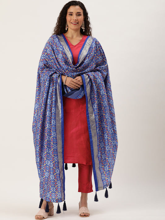 Blue Color Patola Print With Foil Work Also Comes With Tassels Tussar Silk Dupatta