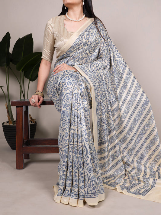 Blue Color Printed Tasar Silk Saree