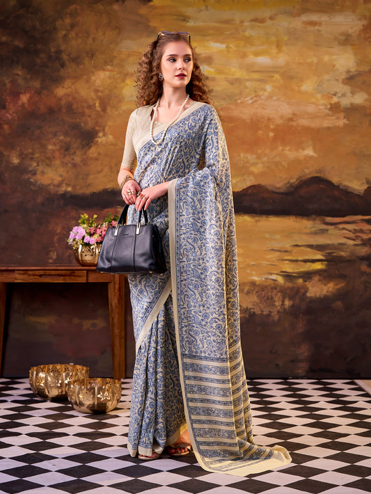 Blue Color Printed Tasar Silk Saree