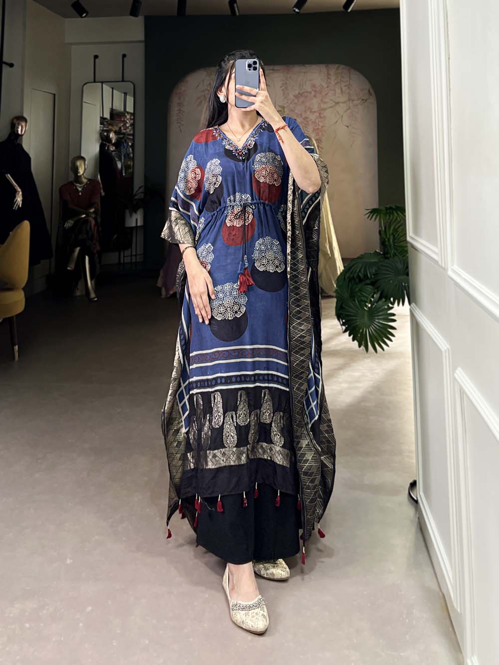 Blue Color Real Mirror Hand Work Pure Viscose Zari Border Kaftan