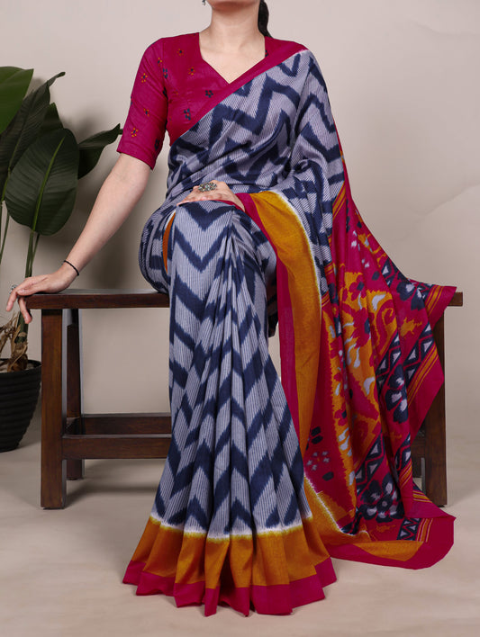 Blue Color Printed Tasar Silk Saree