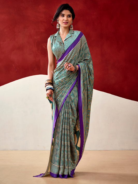 Bottle Green Color Fancy Printed Dull Satin Saree