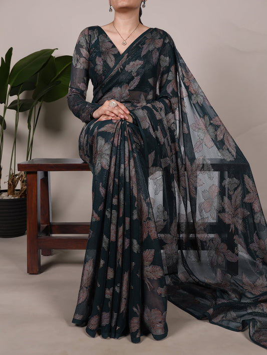 Bottle Green Color Floral Viscose Lurex Brasso Saree
