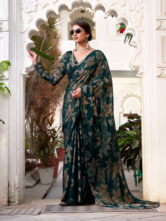 Bottle Green Color Floral Viscose Lurex Brasso Saree