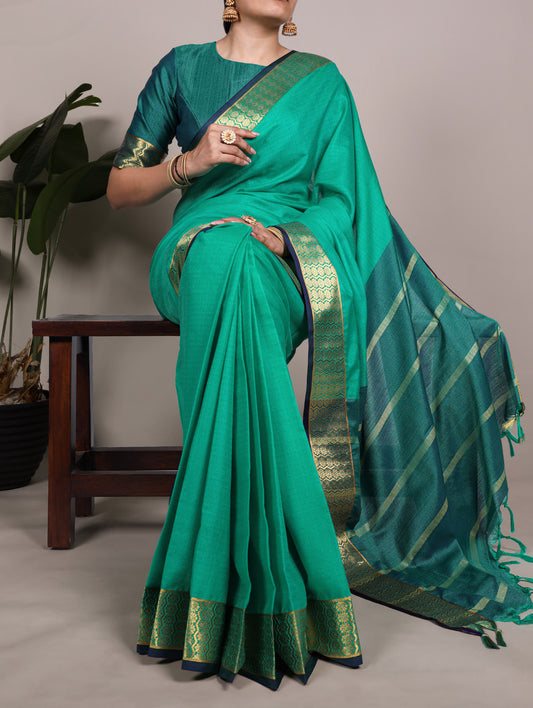 Bottle Green Color Zari Weaving Work Poly Cotton Saree By Yana Fab