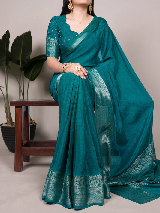 Bottle Green Color Self Printted With Zari Weaving Work Chinon saree