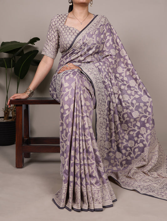 Bright Lavender Color Printed Cotton Silk Saree