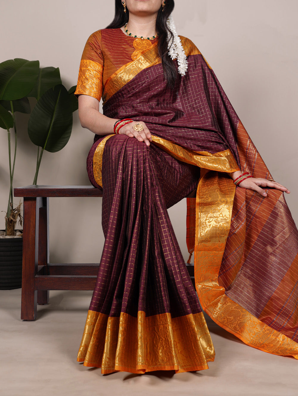 Brown Color Chex With zari Weaving Work Poly Cotton Saree