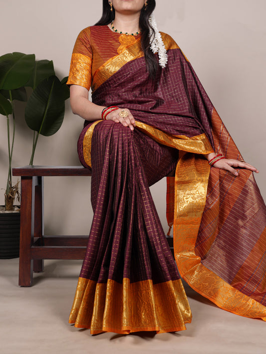 Brown Color Chex With zari Weaving Work Poly Cotton Saree