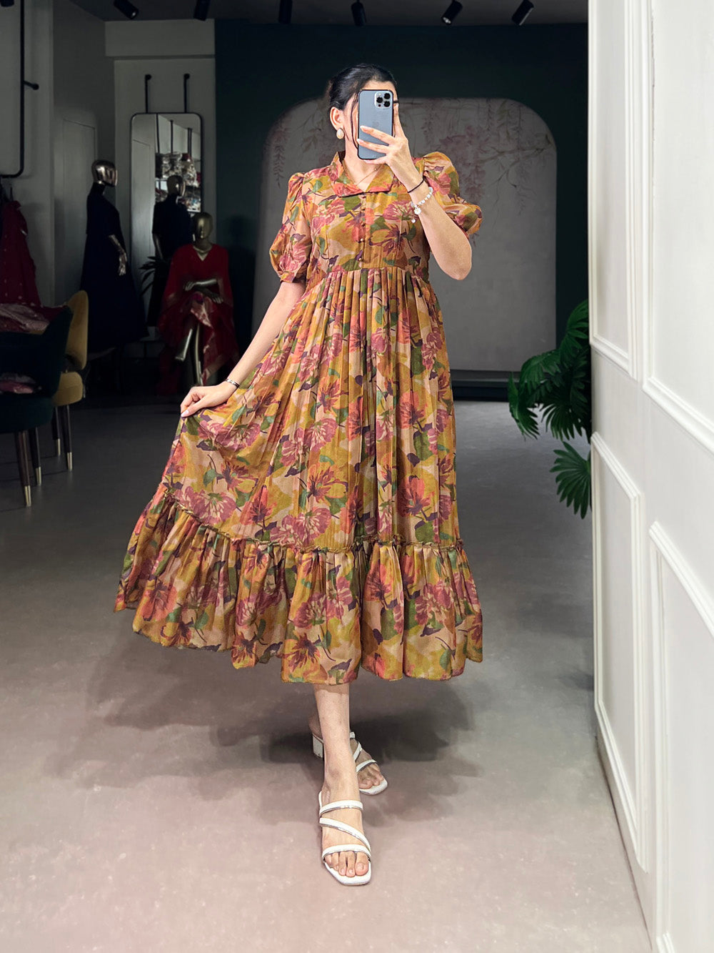 Brown Color Floral Printed Organza Fancy Dress