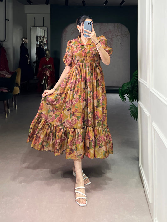 Brown Color Floral Printed Organza Fancy Dress