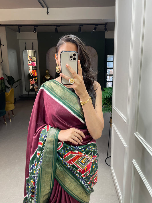 Brown Color Patola Print And Foil Work Dola Silk Saree