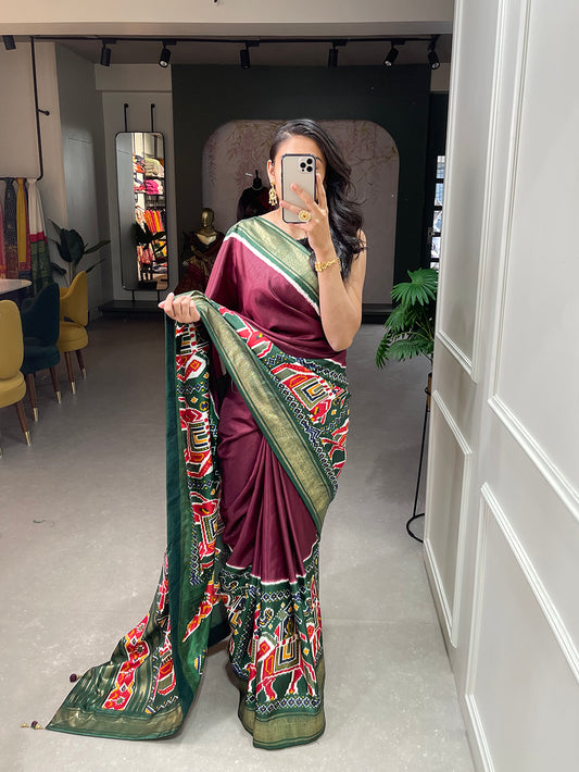 Brown Color Patola Print And Foil Work Dola Silk Saree