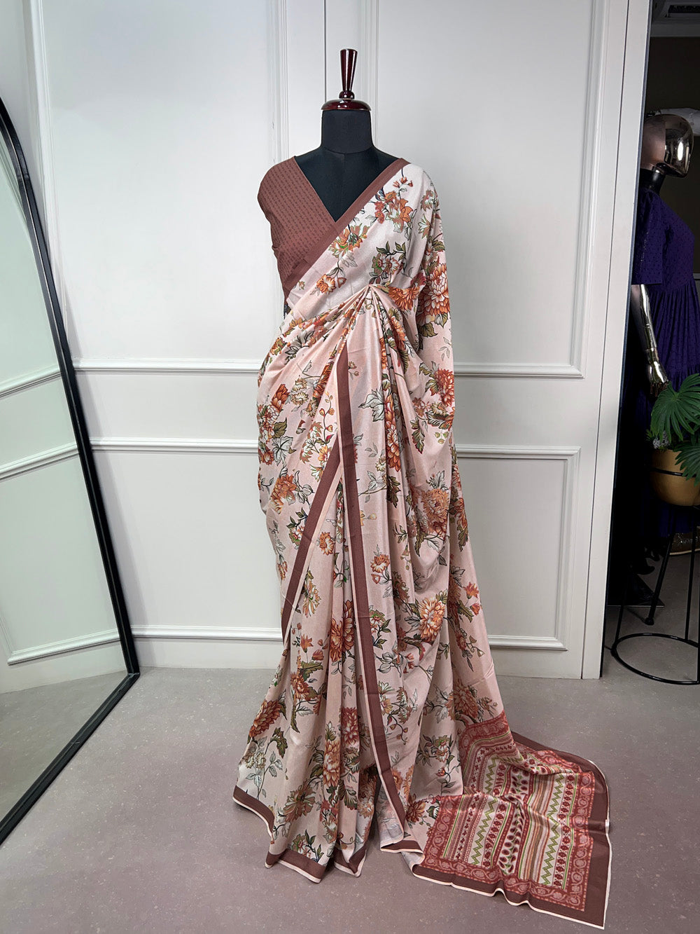 Women Wear Brown Color Printed Saree