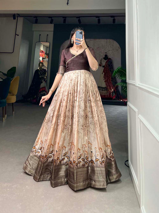 Brown Color Printed With Weaving Border Tussar Silk Dress