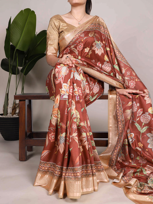 Brown Color Printed Tussar Silk With Viscose Border Saree