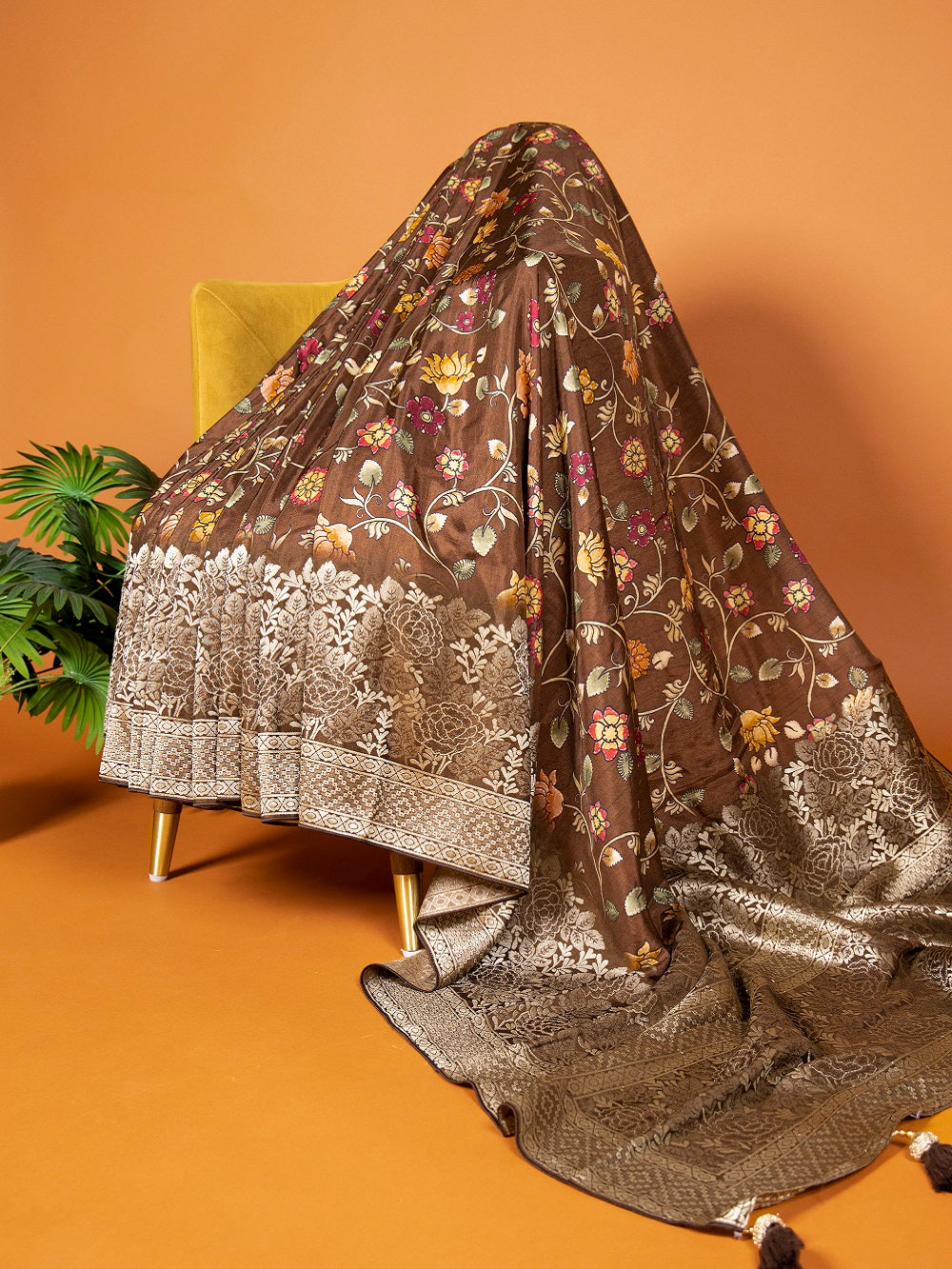 Brown Color Kalamkari Print And Weaving Work Viscose Wedding Saree