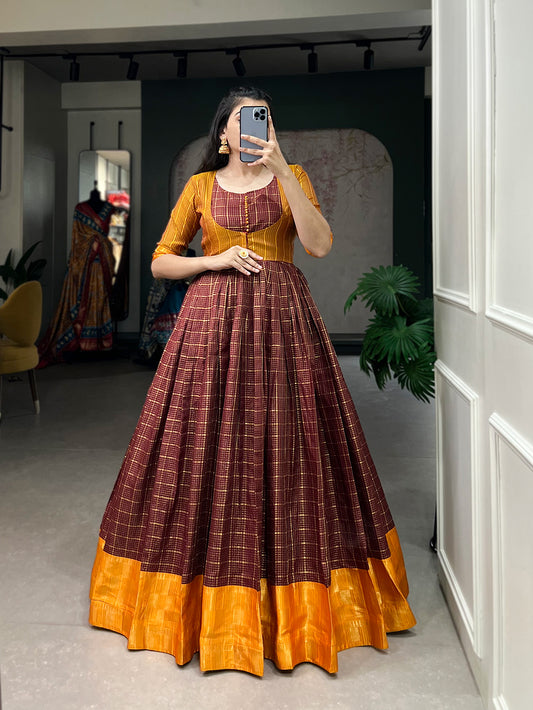 Brown Color Zari Weaving Work Zari Chex South Dress
