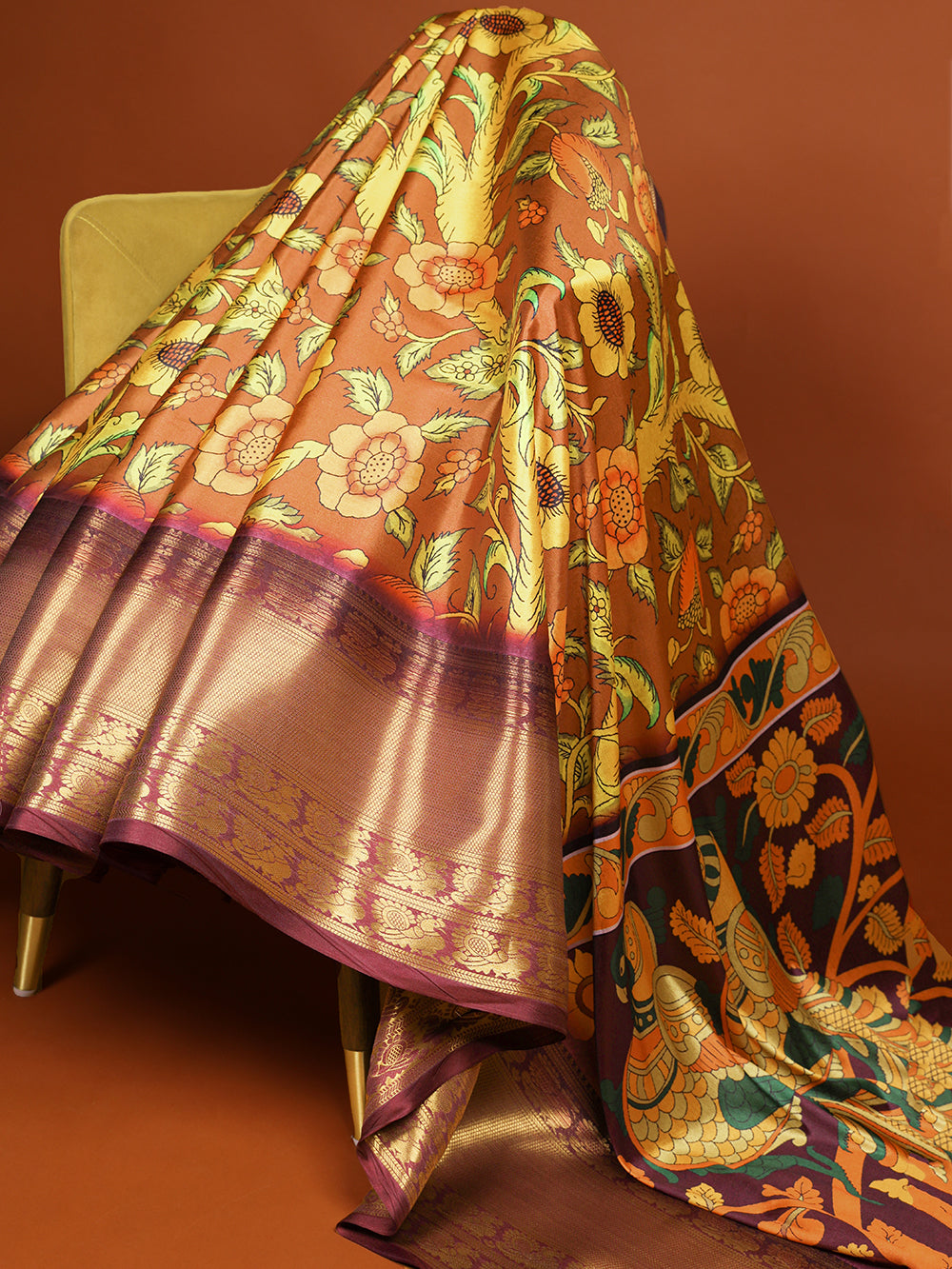 Brown Color Printed With Zari Weaving Work Dola Silk Saree