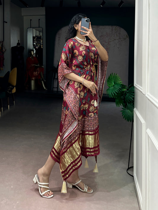 Maroon Color Digital Printed Pure Gaji Silk Kaftan