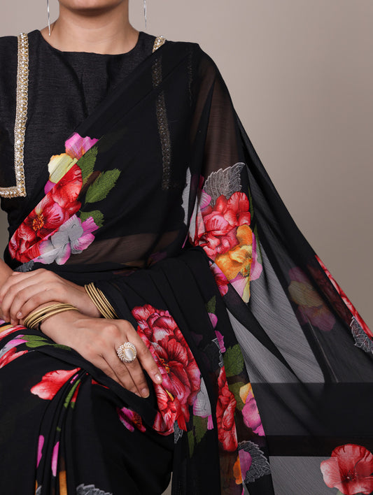 Black Color Floral Printed Chiffon Saree