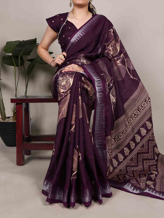 Wine Color Printed Slub Silk Saree
