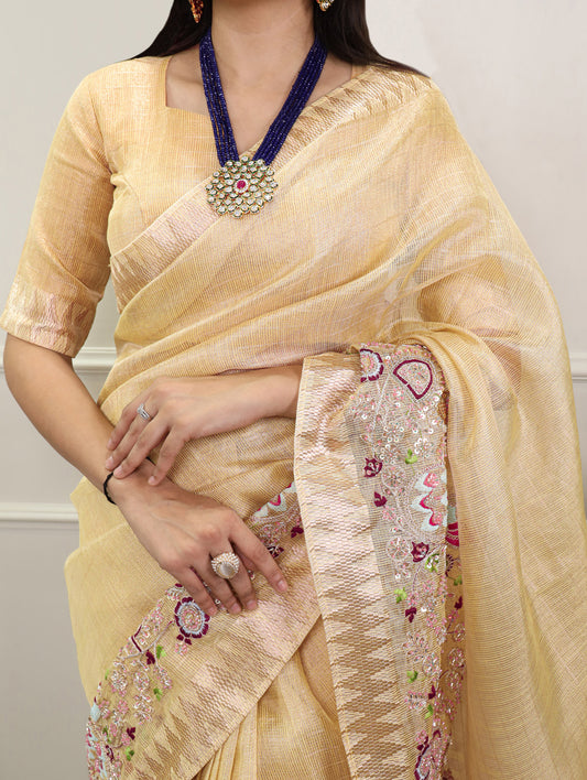 Yellow Color Embroidery Beads Work Zari Kota Tissue Saree
