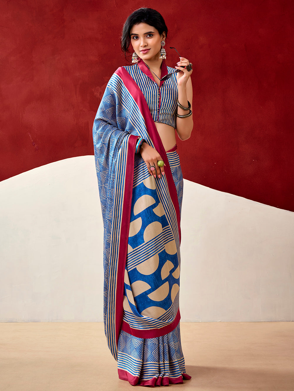 Blue Color Fancy Printed Dull Satin Saree