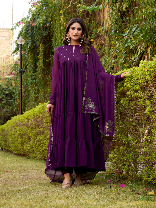 Dark Purple Color Foil Work Marbel Gown