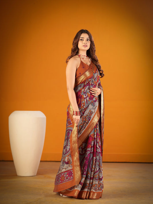 Mustard Color Kalamkari Print Saree