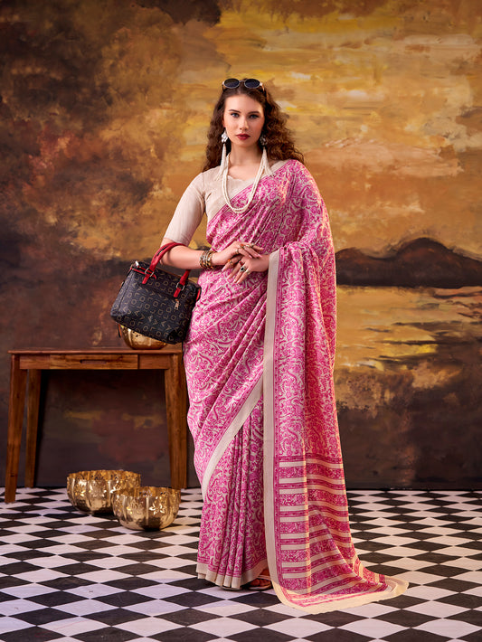 Pink Color Printed Tasar Silk Saree