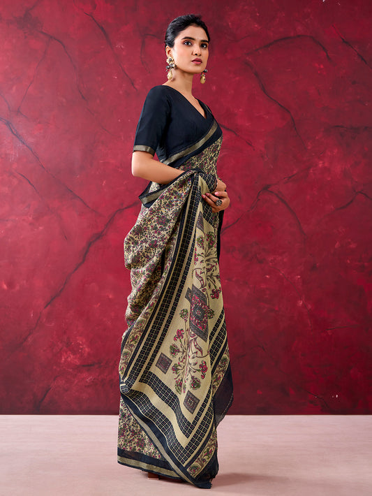 Black Color Printed With Zari Weaving Work Polyester Viscose Chanderi Saree