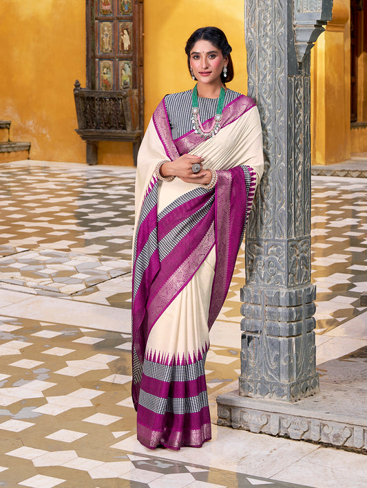 Off White Color Printed With Zari Weaving Work Poly Cotton Saree