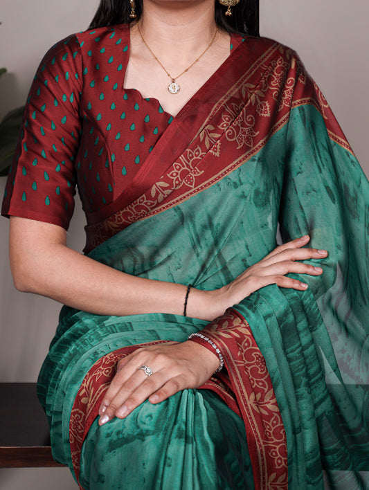 Teal Color Printed Rangoli Silk Saree