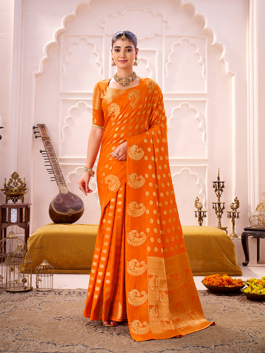 Orange Color Zari Weaving Work Roop Silk Saree