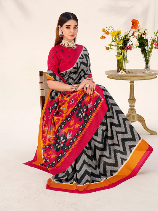 Black Color Printed Tasar Silk Saree