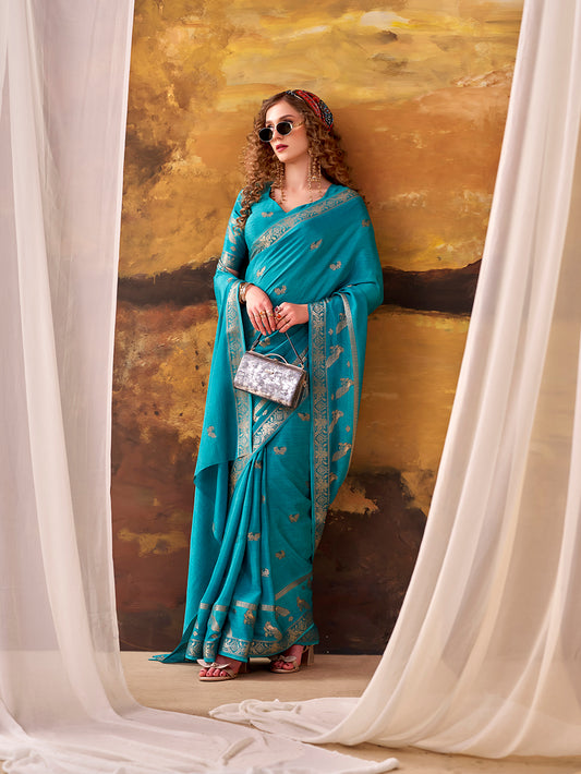 Sky Blue Color Weaving Work Crepe Saree