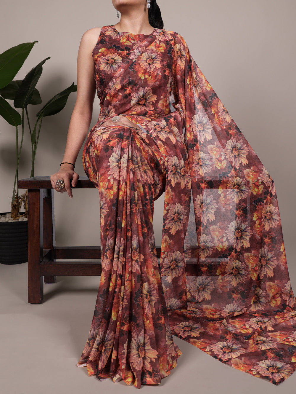 Rust Orange Color Floral Printed Weightless Marbel Saree