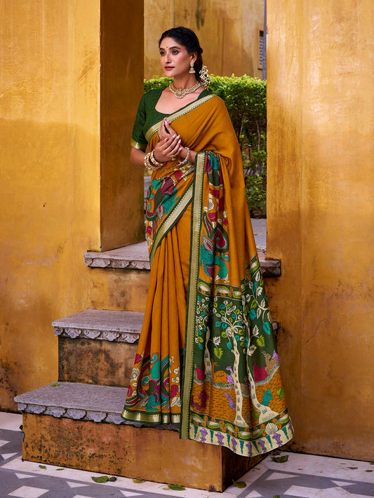 Mustard Color Kalamkari Print With Zari Weaving Work Polyester Viscose Chanderi Saree