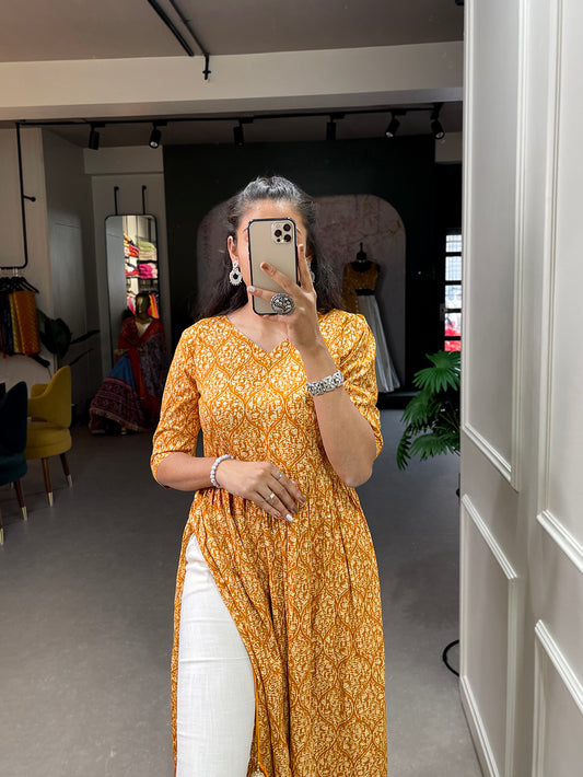 Mustard Color Foil and Printed Rayon Cotton Dress