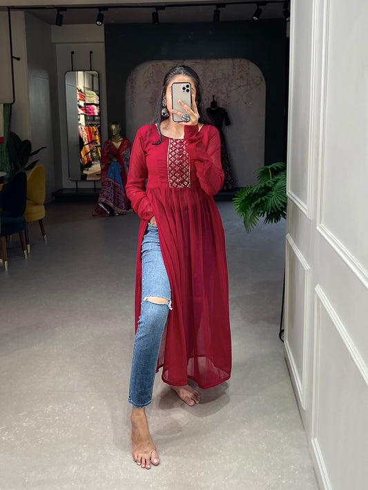 Red Color Sequins Embroidery Work Georgette Kurti