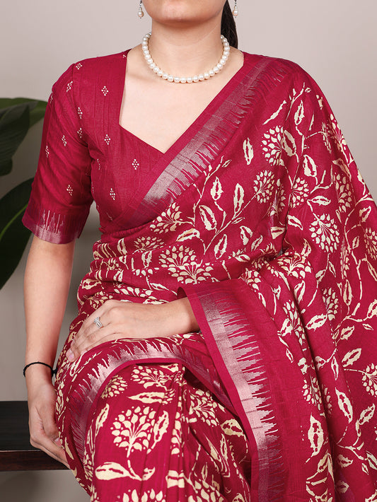 Cheery Red Stylist And Trendy Zari Border Saree