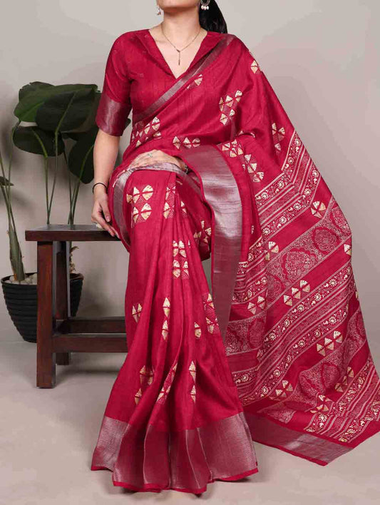 cherry Red Color Festival Wear Saree