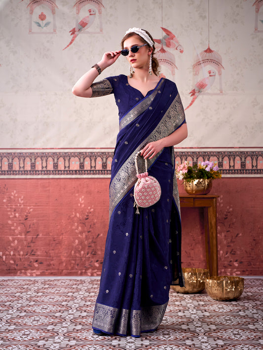 Navy Blue Color Self Printed Chinon Saree