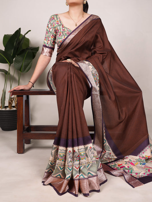 Coffee Color Printed Tussar Silk With Viscose Border Saree