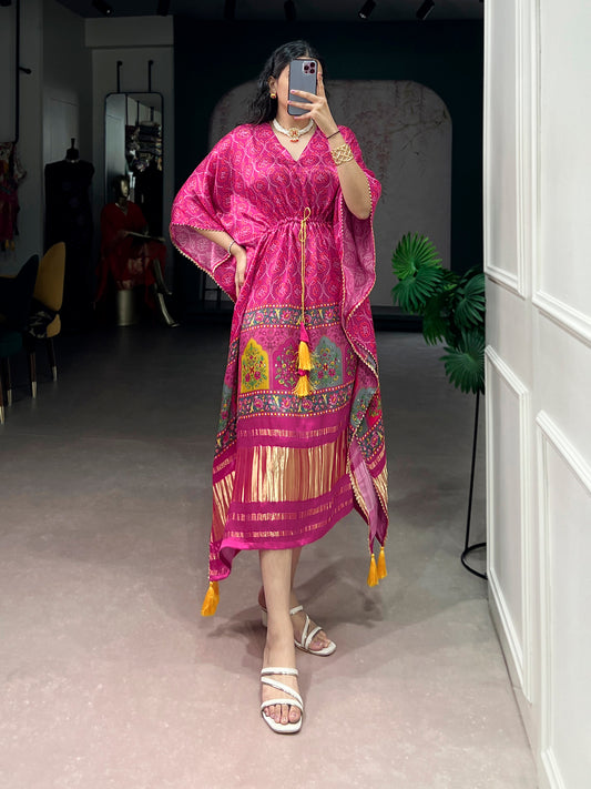 Pink Color Digital Print Pure Gaji Silk Kaftan