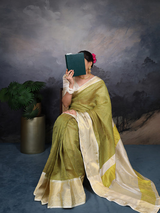 Green Color Zari Weaving Work Jacquard Chex South Saree