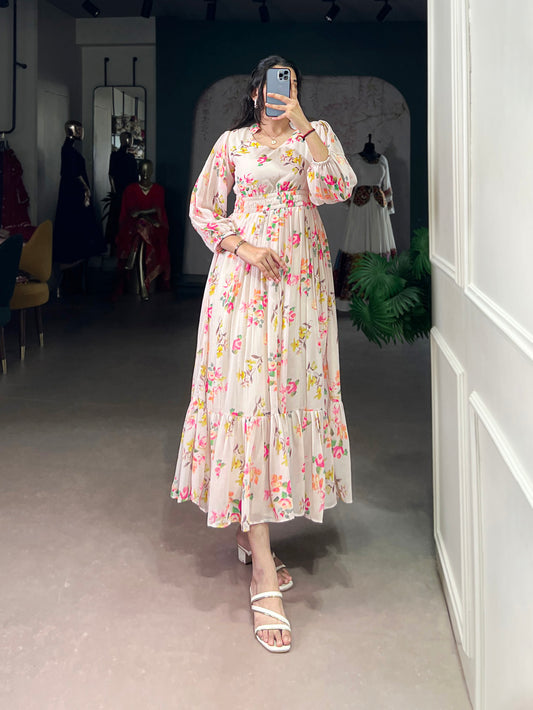 Cream Color Floral Printed Georgette Party Wear Frock