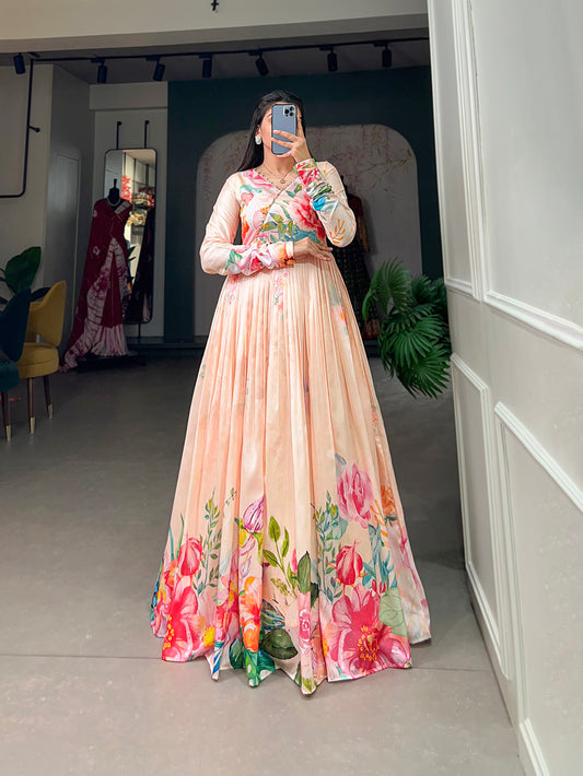 Cream Color Floral Printed Tussar Silk Dress